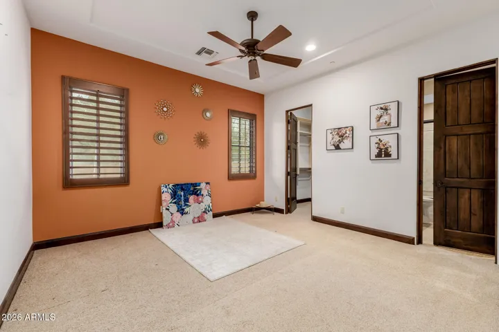 Plush Carpet, Walk in Closet with Shelves, Attached Bath with sliding Door.