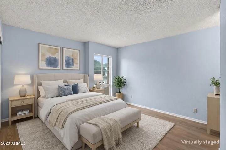 Virtually staged primary bedroom