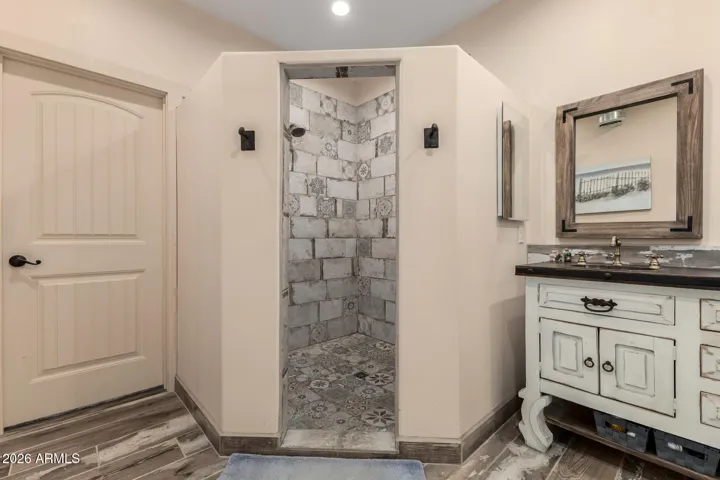 primary bathroom with his and her closets!