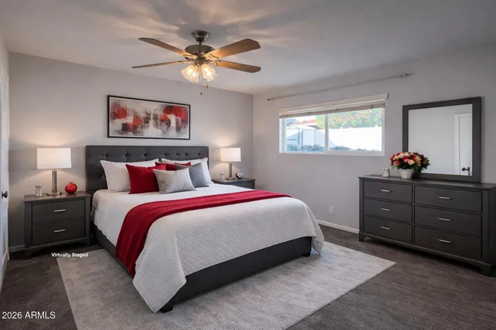 This is nicely done, but a grey scheme for the night stand and dresser would have been nicer.