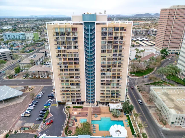 Aerial view of the poolside elevation at Executive Towers, a National Register of Historic Places landmark blending architectural heritage with resort-style living.