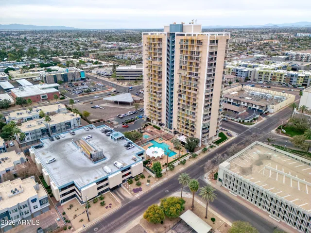 Executive Towers - south side with pool and parking garage.