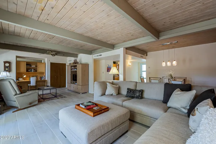 Great Room with original wood and beam ceilings