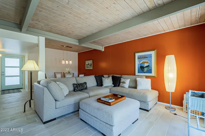 Great Room with original wood and beam ceilings