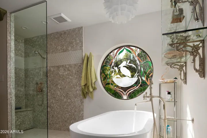 Stained glass in primary bathroom