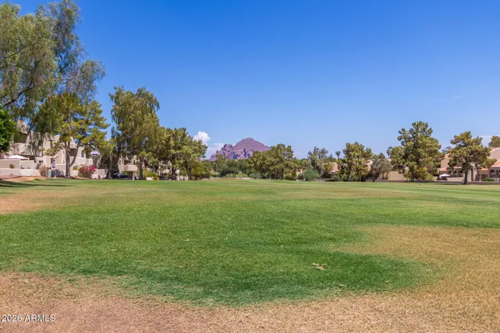 Expansive community green space with mature trees and open recreational area.