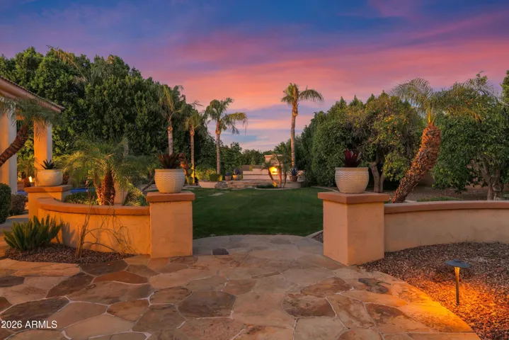 Twilight Back Yard and Raised Stone Deck