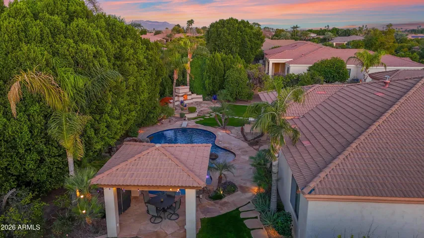 Twilight Aerial View Ramada and Back Yard