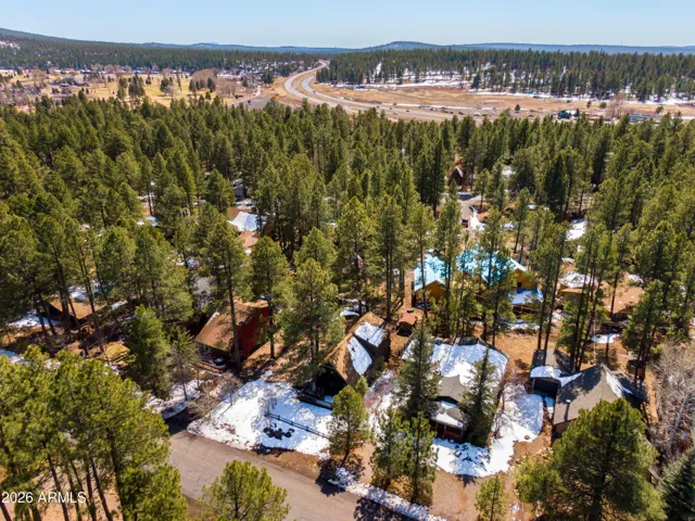 Overhead view of 115 Lodge surrounded by trees in the lush area of Munds Park!