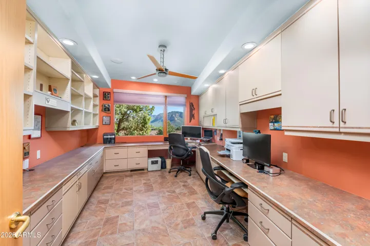 Office, Dual Work Stations with Shelving for Library