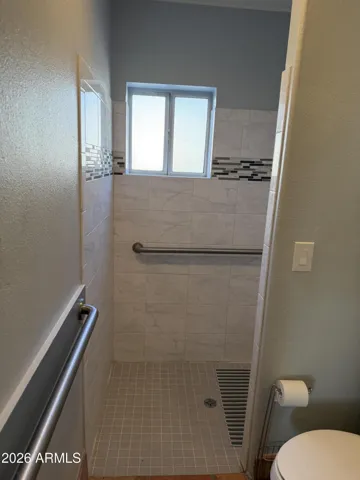 Walk-in shower with grab bars