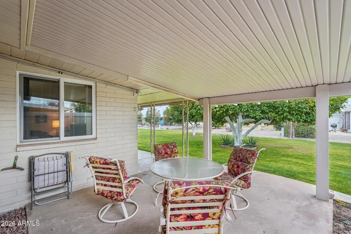 The covered patio overlooking the green belt.