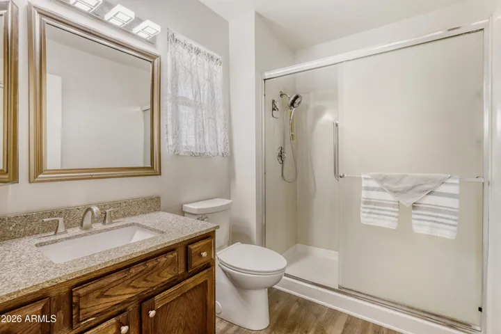 Hall bathroom with step in shower