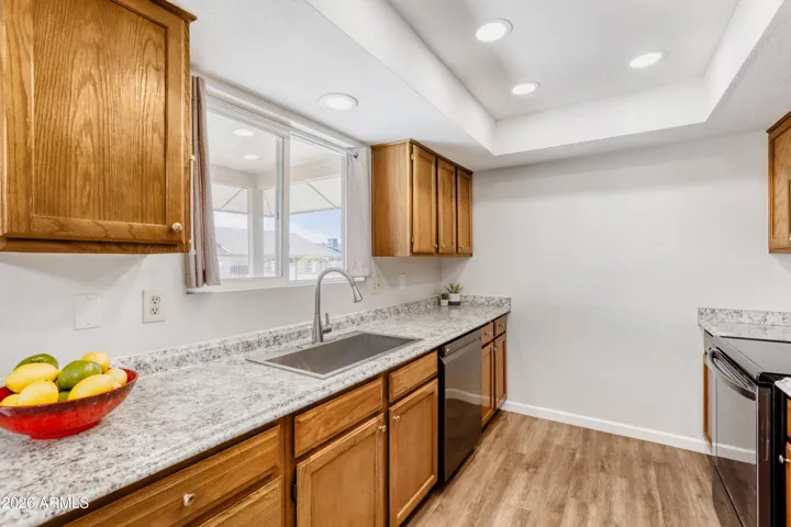 Laminate counters with larger sink overlooks backyard.