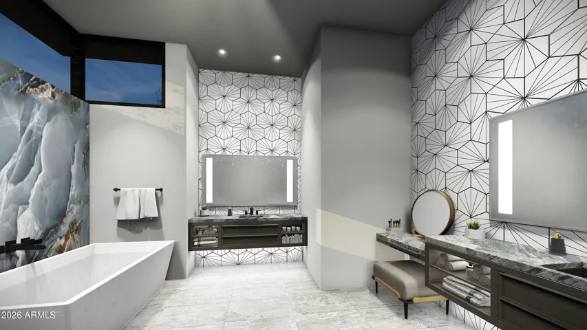 Master bath, large soaking tub, separate vanities, custom granite and tile