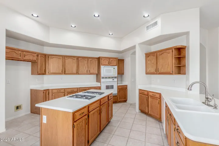 Island with gas range.