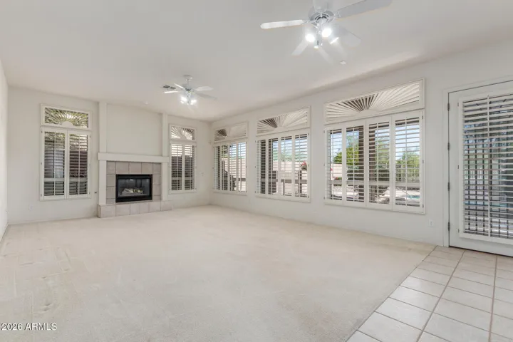 Main living space with gas fireplace.