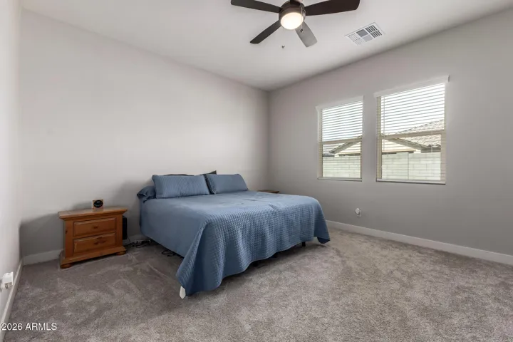 Bright primary bedroom featuring plush carpet, large windows, and ceiling fan, offering a relaxing retreat in this spacious Surprise home.
