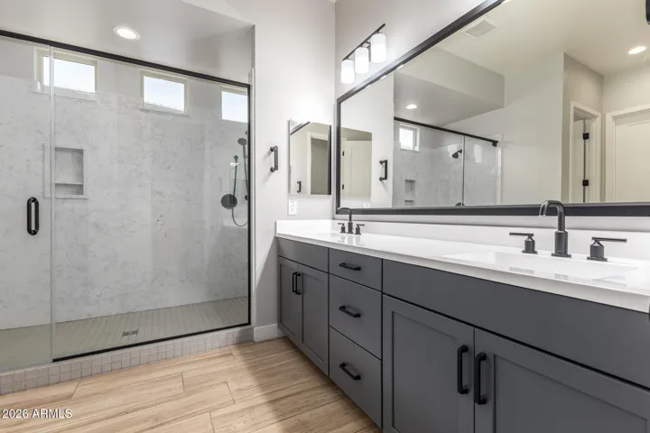 Master Bath with walk in shower, double sink and plenty of cabinet and drawer space!