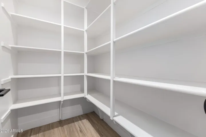 Large storage closet with built-in shelving, ideal for organization and maximizing space in this well-designed Surprise home.
