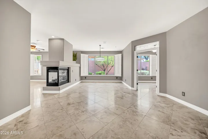 Main living and dining area with fireplace