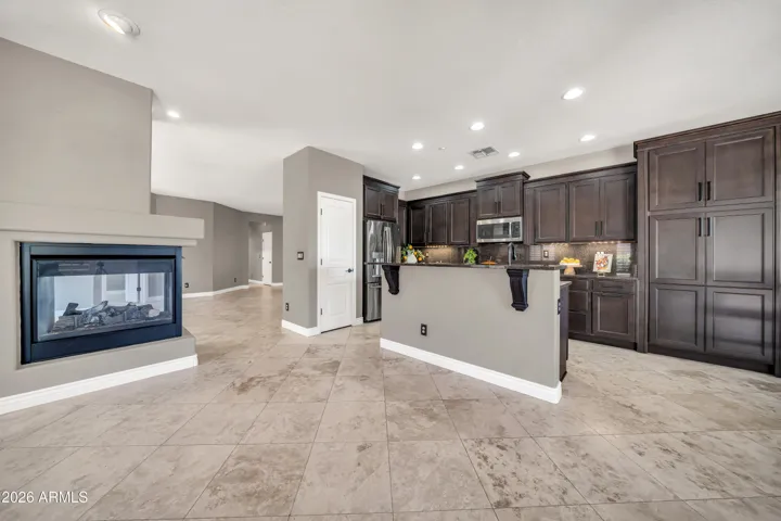 Kitchen and Family room with fireplace
