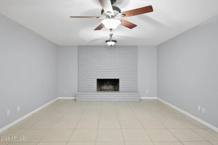 Brick, wood burning fireplace