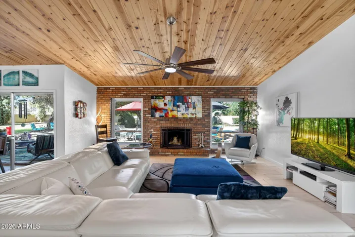 Classic brick wood burning fireplace for those chilly evenings