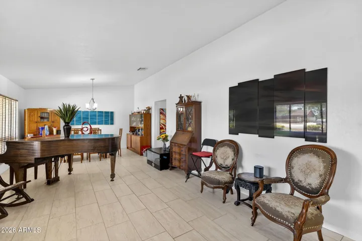 A living/dining room large enough to accomodate a Baby Grand Piano!