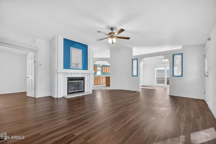 The cozy fireplace is perfect for relaxing on cool evenings.