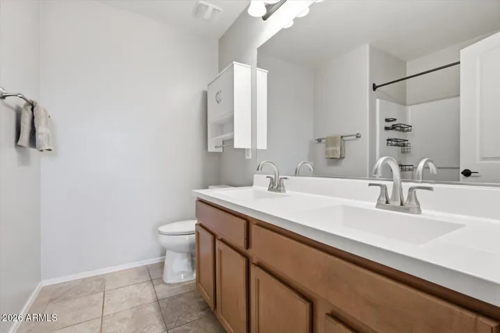 Full bathroom upstairs hallway, Double sinks, bath shower combo