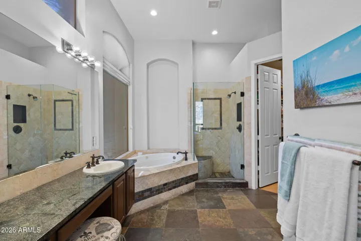 Primary Bath with Dual Sinks, Dressing Station, Soaking Tub, Walk-in Shower & Walk-in Closet!