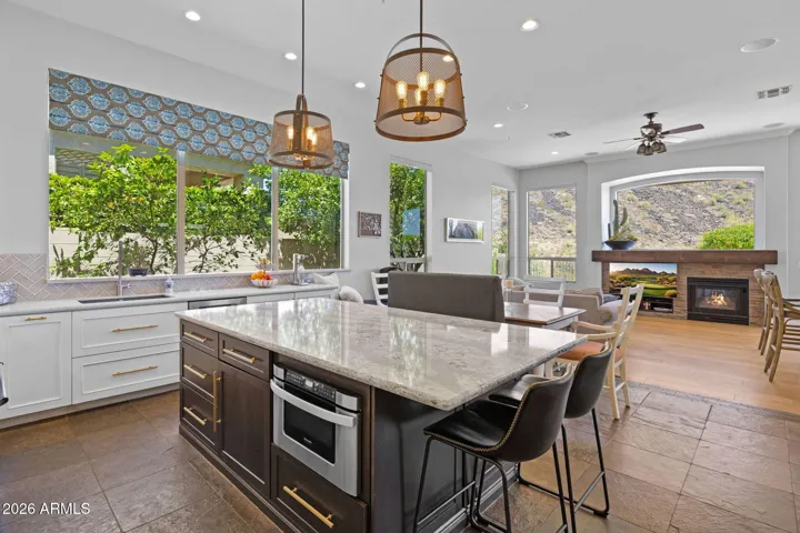 Kitchen Island with Drawer Microwave, Breakfast Bar & Pendant Lighting!
