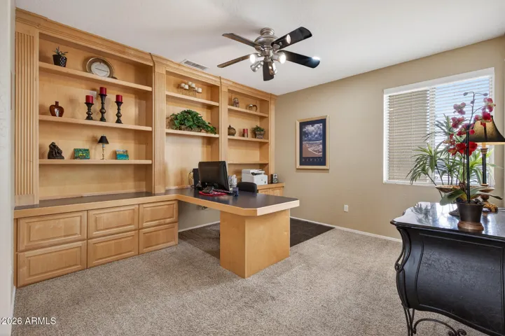 Gorgeous built-ins w/file drawers make office work less of a chore.