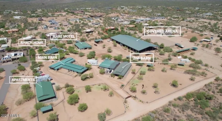 Aerial 10 acre commercial horse property and buildings