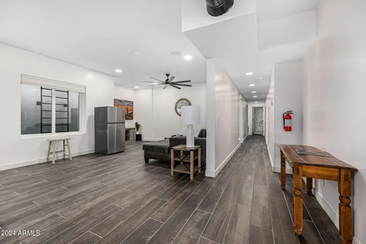 Basement hallway and living room.