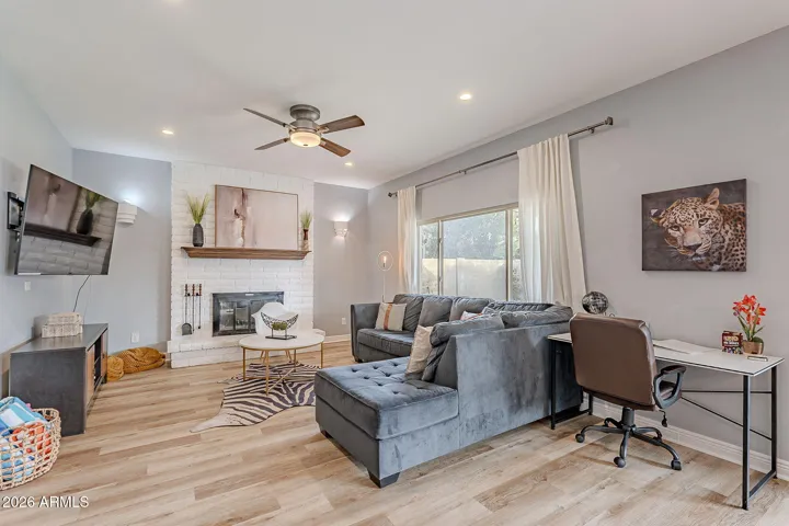 Great room including wood burning fireplace