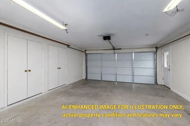 AI VERSION OF GARAGE EMPTY - SHOWING STORAGE CLOSETS AND DOOR TO FRONT