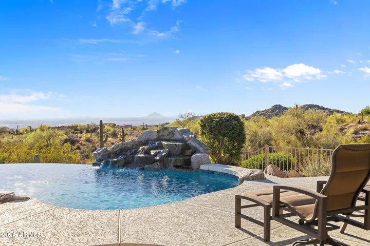 Negative edge pool with water feature.