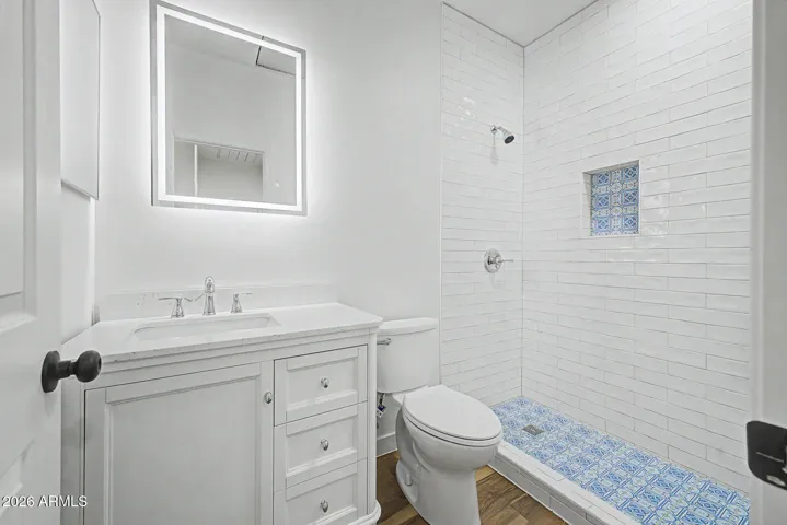 Renovated Bath 2 with Tiled Walk-in Shower, New Vanity, New LED Mirror and New Toilet!