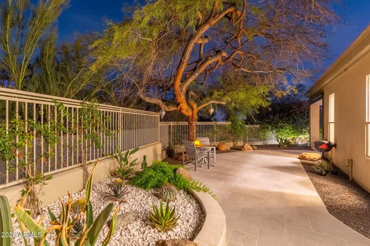 Professionally landscaped Scottsdale yard with desert plants, stone accents, and a spacious walkway, blending low-maintenance design with modern outdoor living.