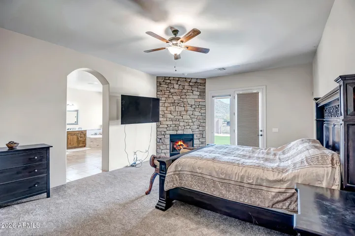 Outside french doors and gas fireplace