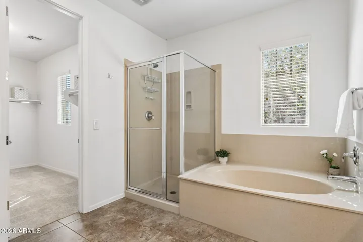 Step-in shower with glass enclosure and separate soaking tub