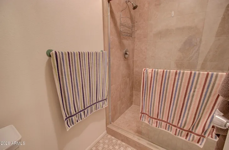 Master ensuite: Tiled shower with glass doors