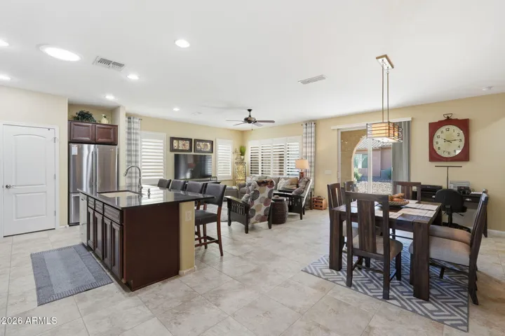 Looking towards the kitchen, dining area and great room