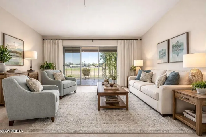 Great room is virtually staged with furniture/decor