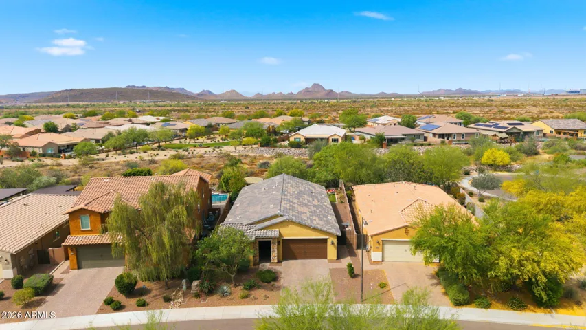 Aerial view highlighting the open desert and arroyo views.