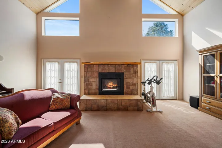 Gas fireplace and lots of natural light