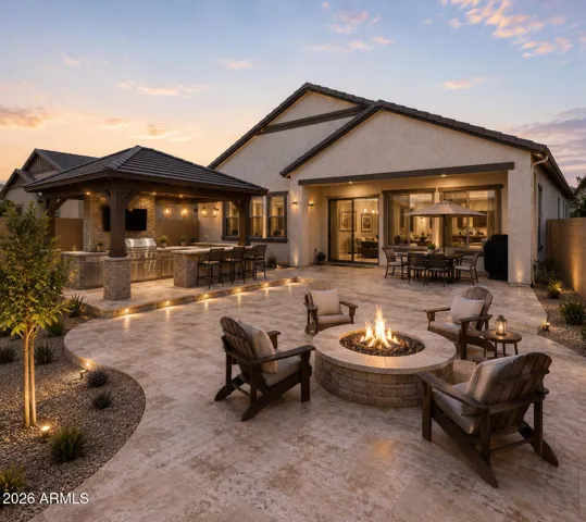Virtual backyard rendering with outdoor kitchen and firepit.