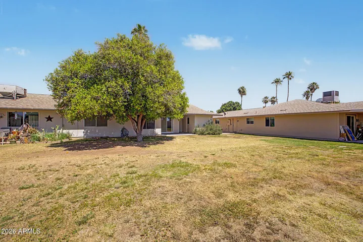 Wide backyard space with natural greenery and shade trees, offering privacy and room to enjoy outdoor activities in this Sun City property.